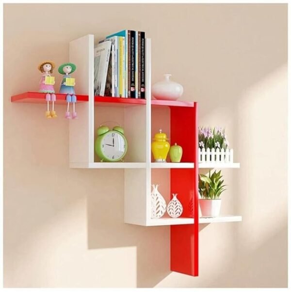 ShoperCart Wooden Wall Shelf for Living Room, Decorative Intersecting Wall Shelf for Photos & Decorations, Stylish Bent Design, Pack of 1, Red & White, Showcase for Living Room or Bedroom Decor Essentials