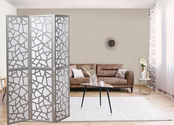 Shopercart Wooden Partition/Screen Panel/for Living Room Partition/Room Divider/Foldable Partition 3 Panel/Screen Separator (Silver)