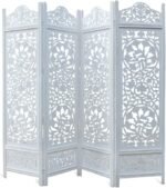 Room Divider Wood Floor Screen  White 4 Folding Panel 72x80 - Portable Reversible Functional Decorative Partition - Reversible Boho Freestanding Small Spaces Privacy - Image 3