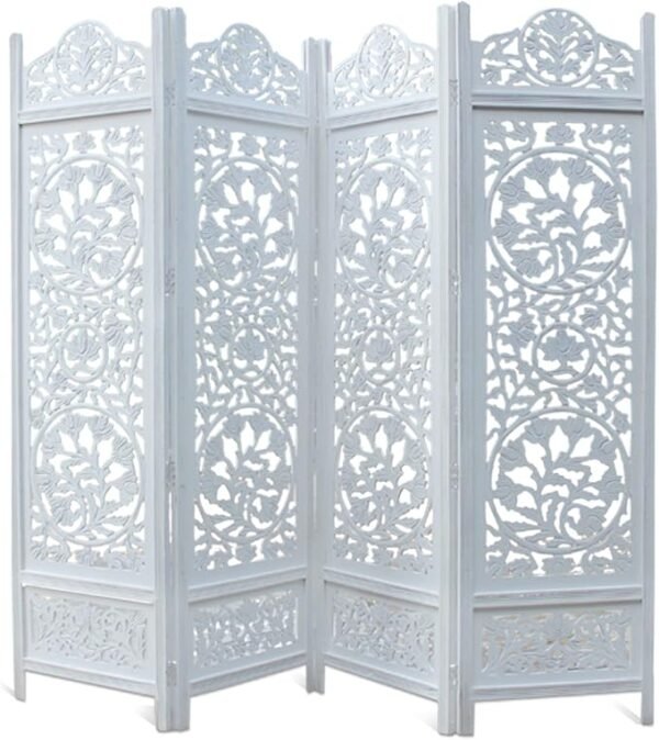 Room Divider Wood Floor Screen  White 4 Folding Panel 72x80 - Portable Reversible Functional Decorative Partition - Reversible Boho Freestanding Small Spaces Privacy