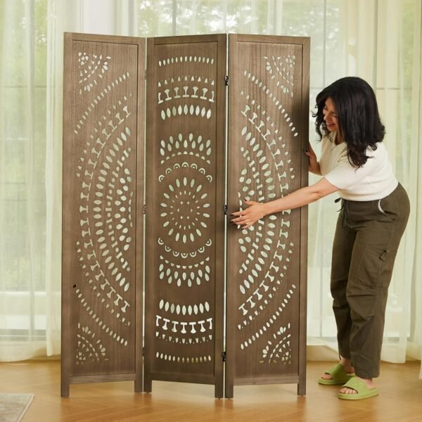 Room Divider Wood Carved Wall Divider Indoor Folding Bohemian Style Portable Partition Screen for Home Office Garden Terrace - 3 Panels (Brown)