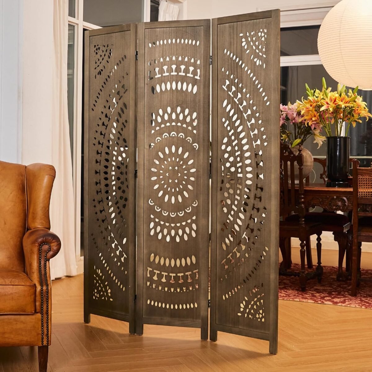 Room Divider Wood Carved Wall Divider Indoor Folding Bohemian Style Portable Partition Screen for Home Office Garden Terrace - 3 Panels (Brown) - Image 2